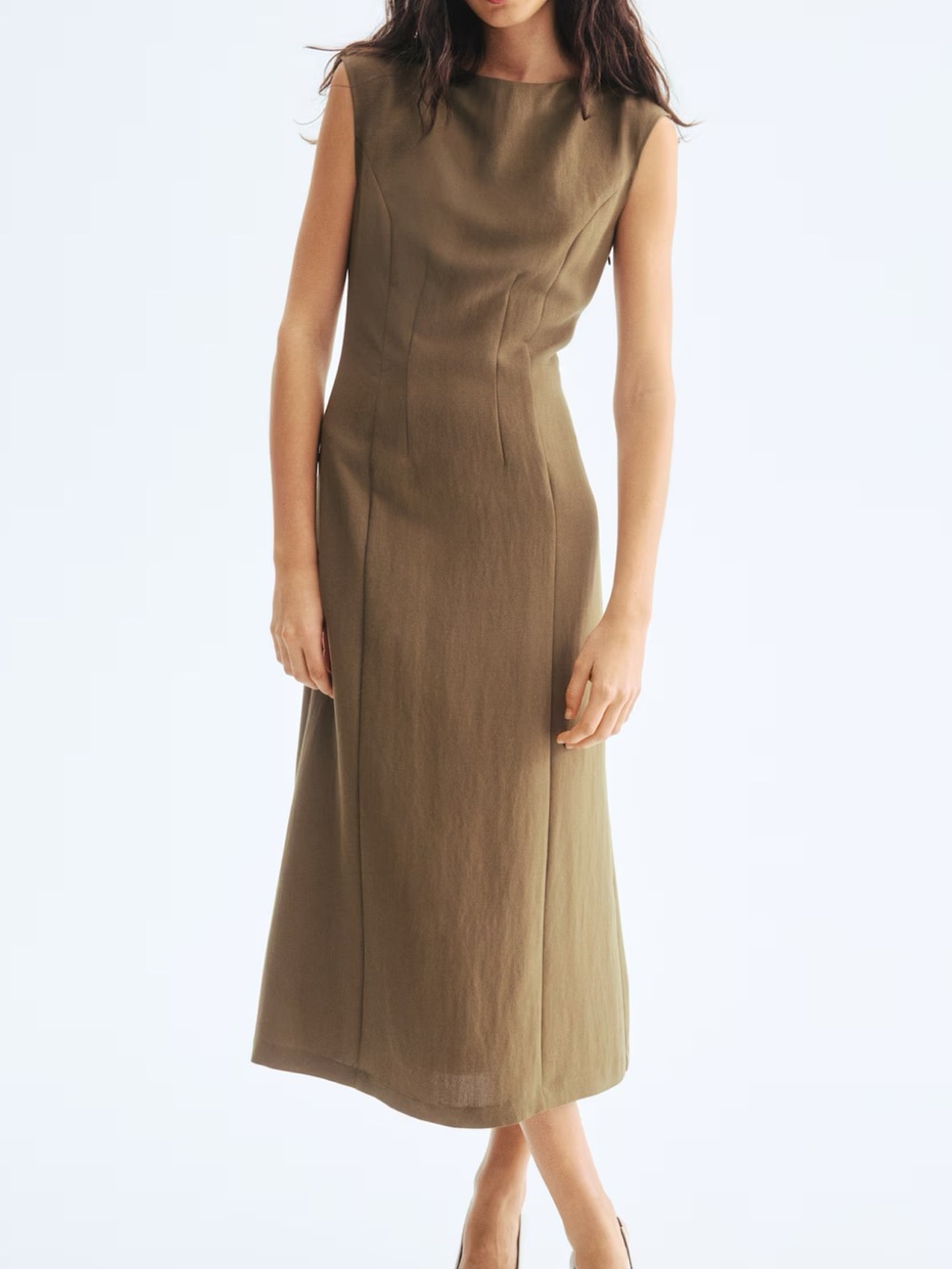 H&M Olive Defined Waist Sleeveless Midi Dress